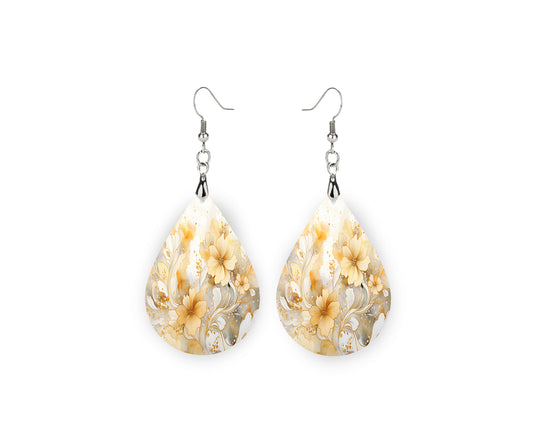 White and Gold Floral Print Earrings, Teardrop Dangle Printed Earrings Jewelry Handmade