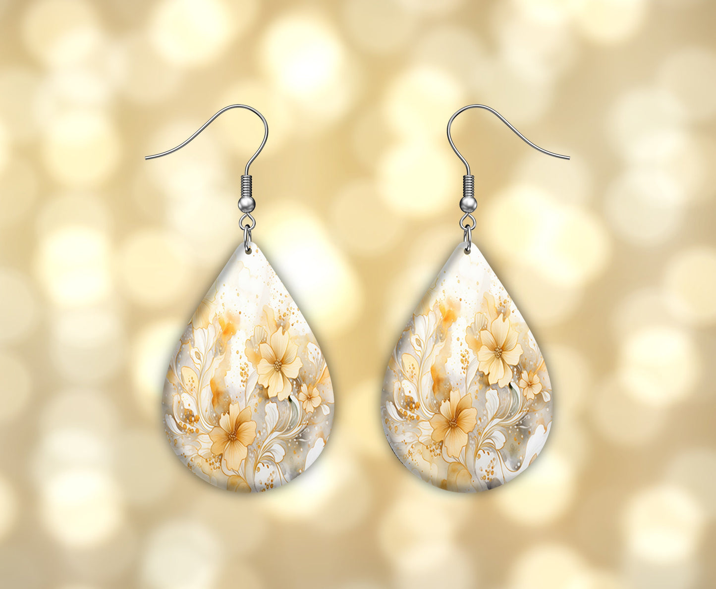 White and Gold Floral Print Earrings, Teardrop Dangle Printed Earrings Jewelry Handmade