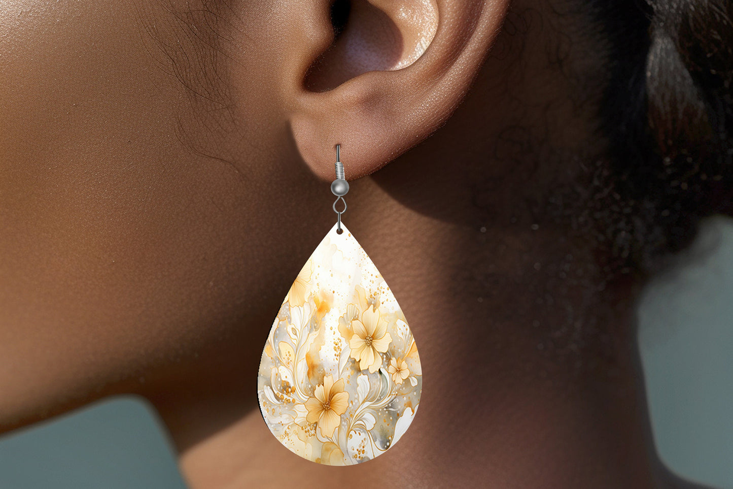 White and Gold Floral Print Earrings, Teardrop Dangle Printed Earrings Jewelry Handmade