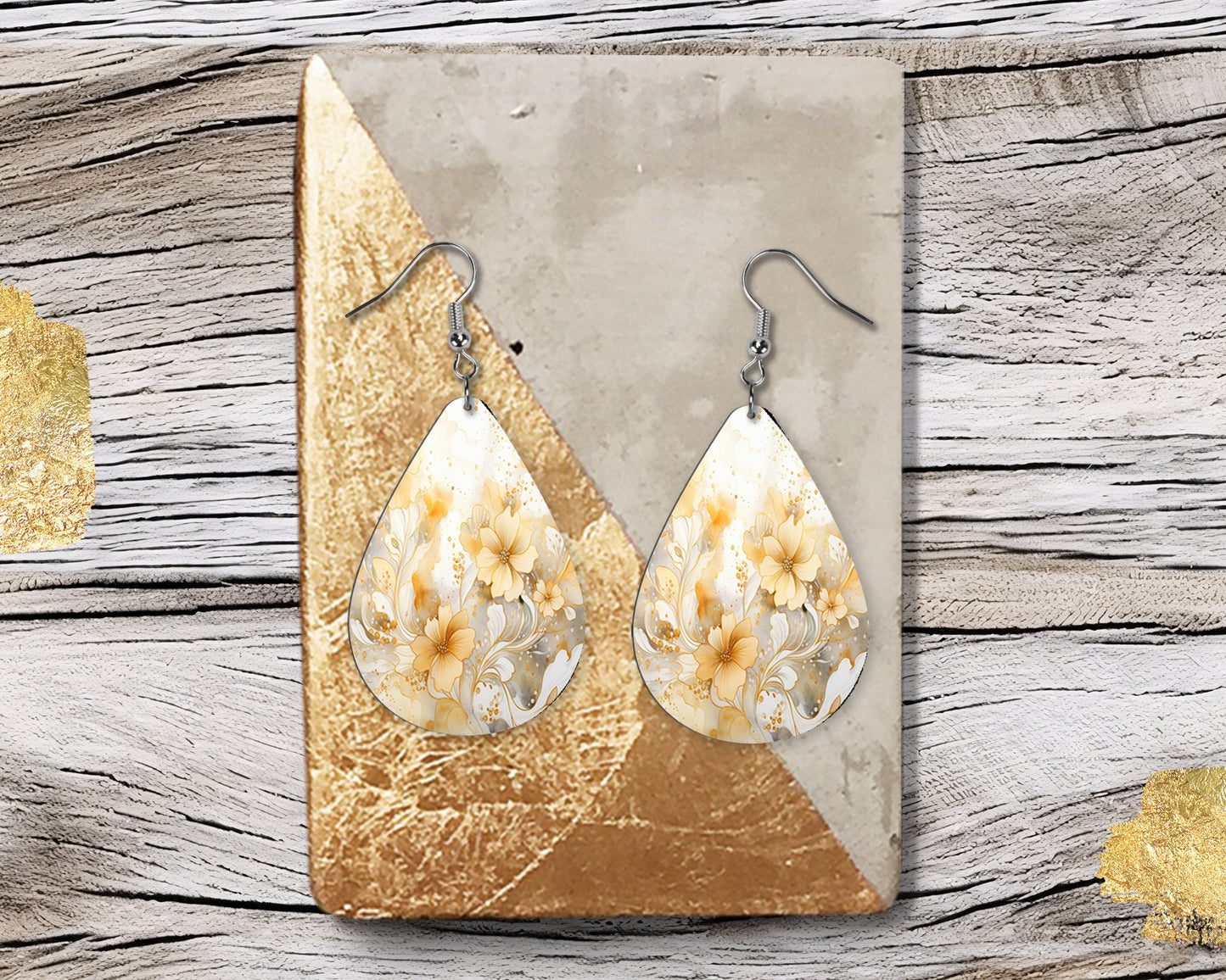 White and Gold Floral Print Earrings, Teardrop Dangle Printed Earrings Jewelry Handmade