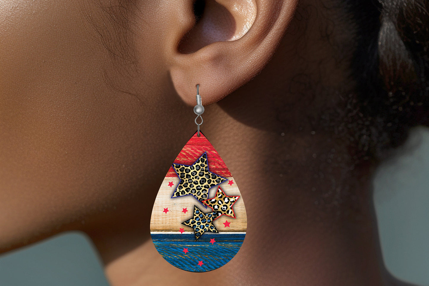 Red White Blue and Leopard Print Stars Earrings, Teardrop Dangle Printed Earrings Jewelry Handmade