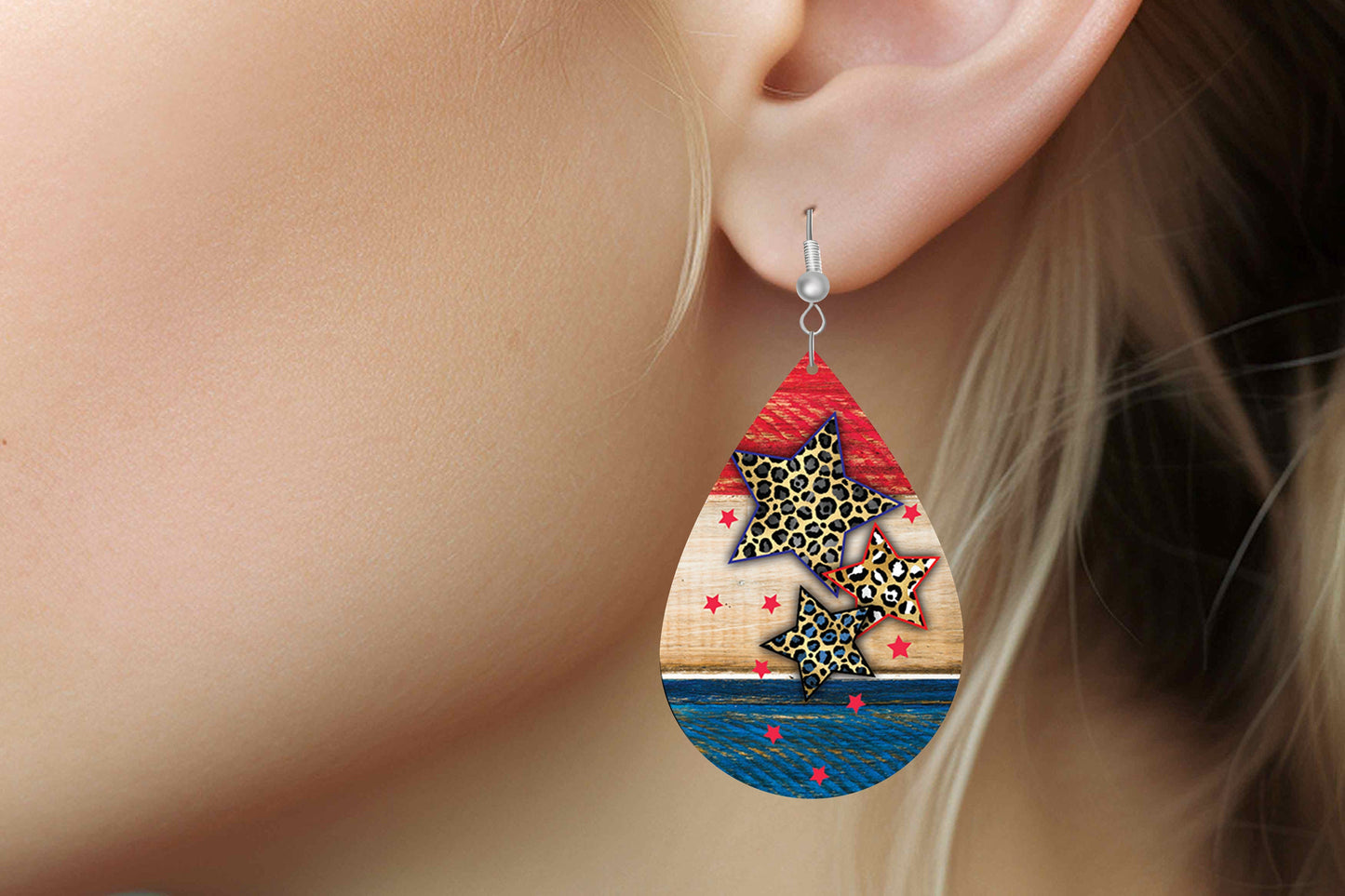 Red White Blue and Leopard Print Stars Earrings, Teardrop Dangle Printed Earrings Jewelry Handmade