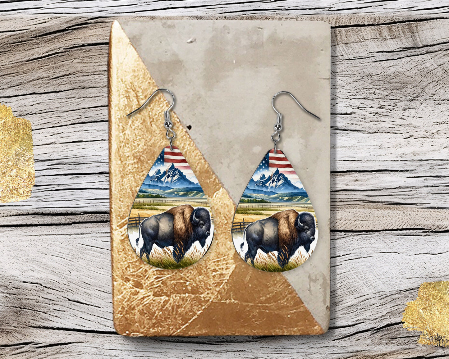 American Buffalo Print Earrings, Teardrop Dangle Printed Earrings Jewelry Handmade