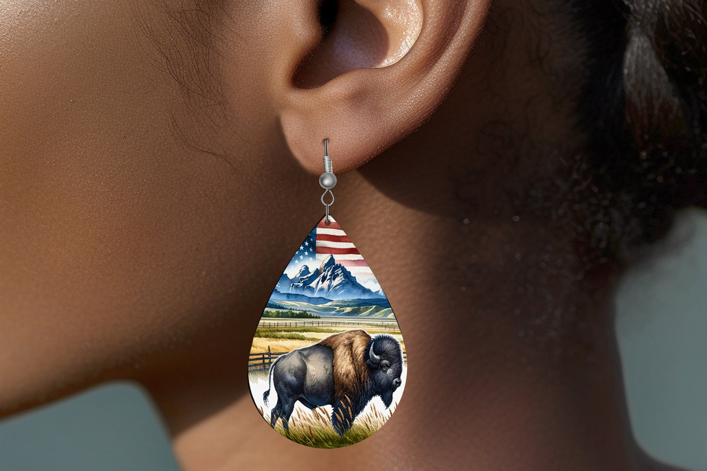 American Buffalo Print Earrings, Teardrop Dangle Printed Earrings Jewelry Handmade