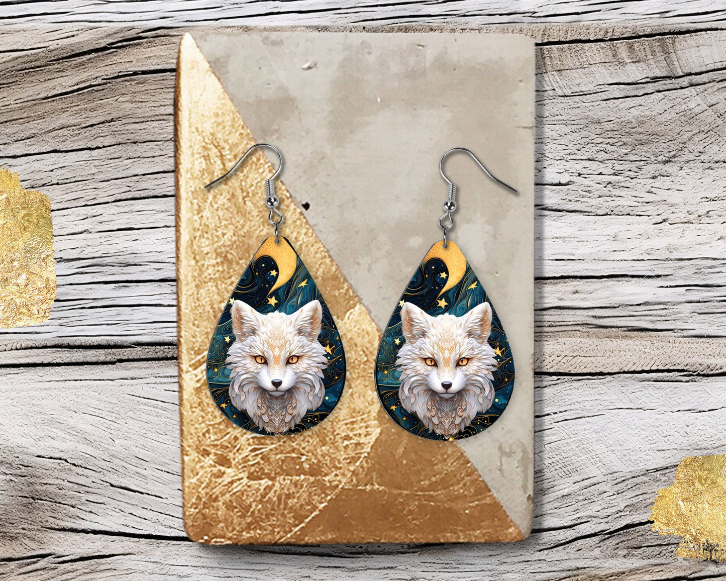 White Fox Print Earrings Print Tear Drop Wood Dangle Earrings Hypoallergenic Jewelry