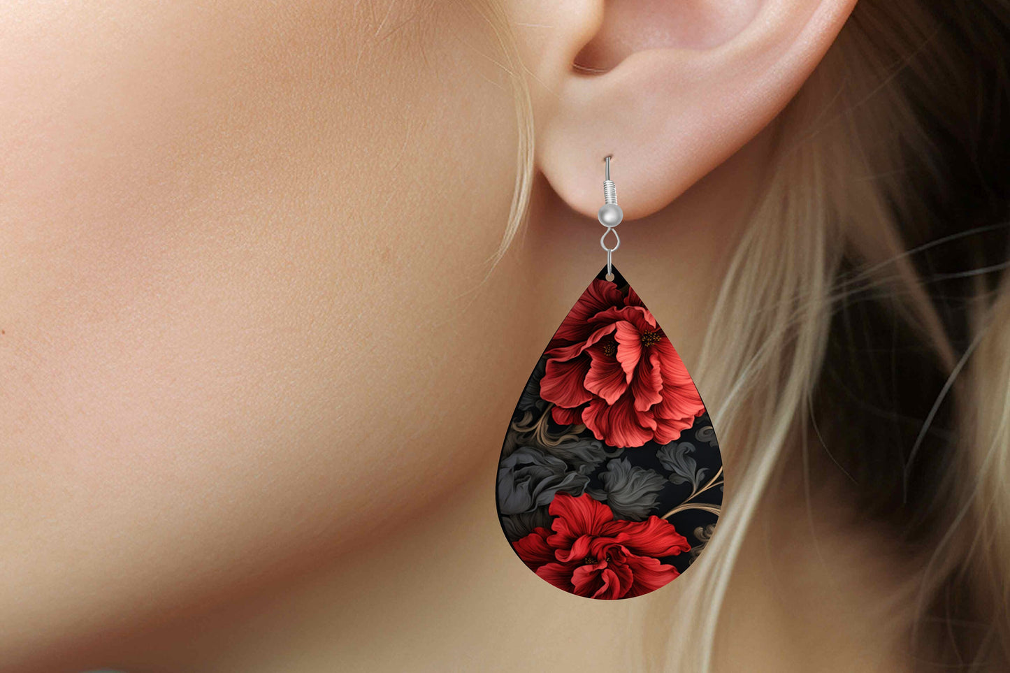 Ruby and Black Floral Print Earrings Print Tear Drop Wood Dangle Earrings Hypoallergenic Jewelry