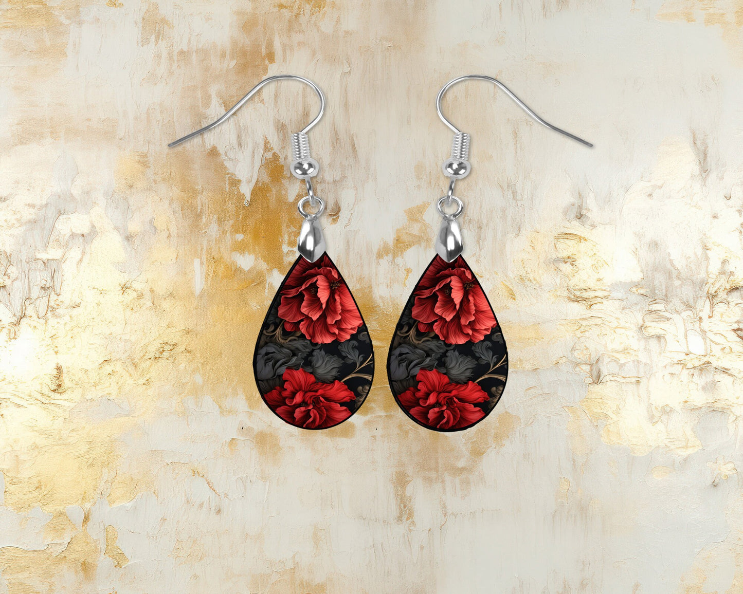 Ruby and Black Floral Print Earrings Print Tear Drop Wood Dangle Earrings Hypoallergenic Jewelry