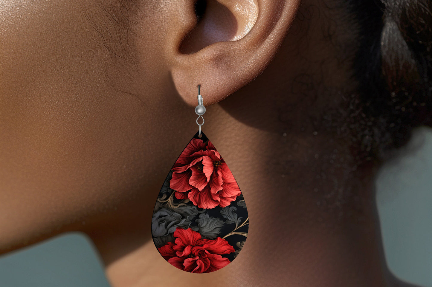 Ruby and Black Floral Print Earrings Print Tear Drop Wood Dangle Earrings Hypoallergenic Jewelry