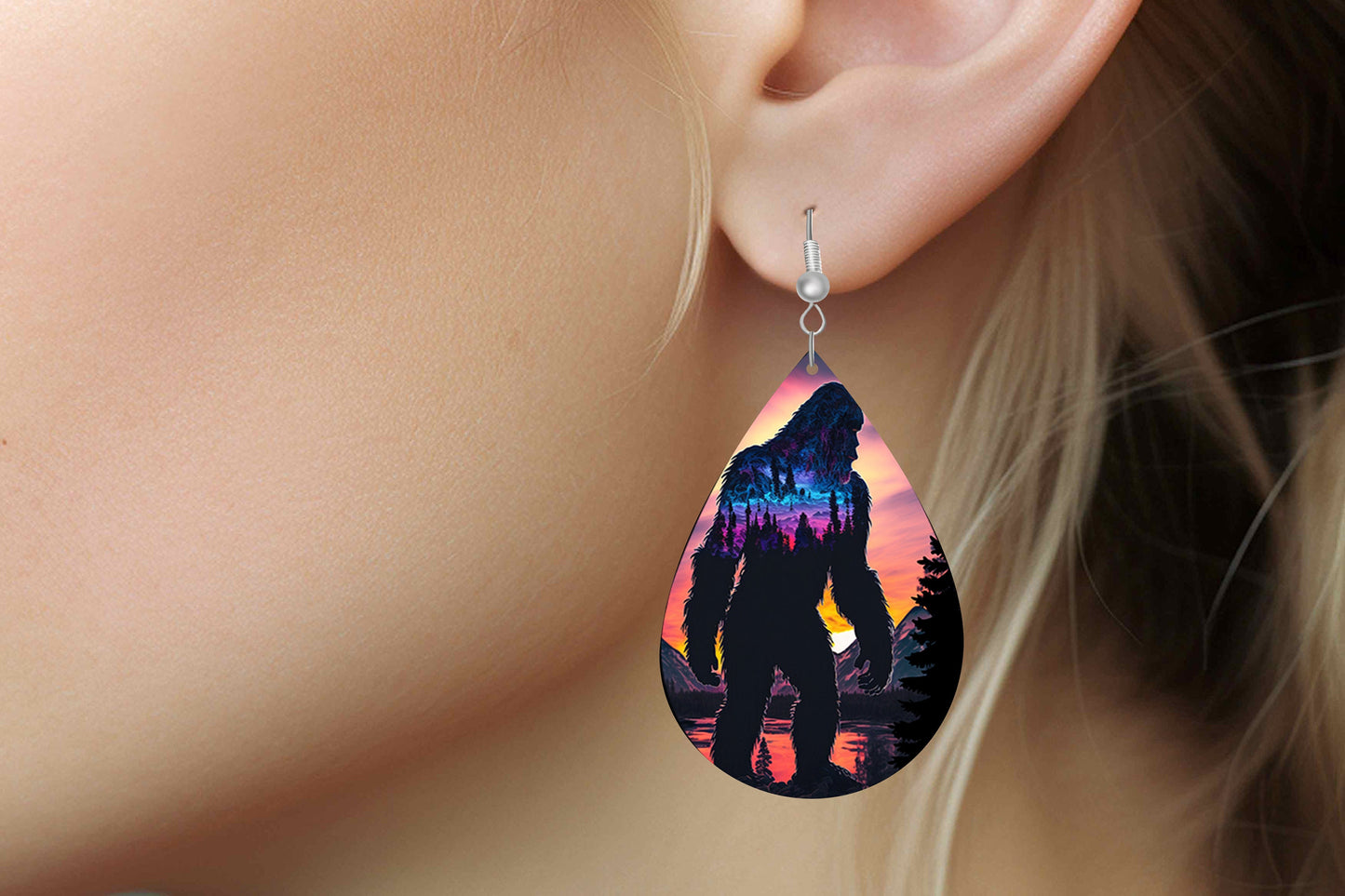 Bigfoot Double Exposure Print Earrings Print Tear Drop Wood Dangle Earrings Hypoallergenic Jewelry