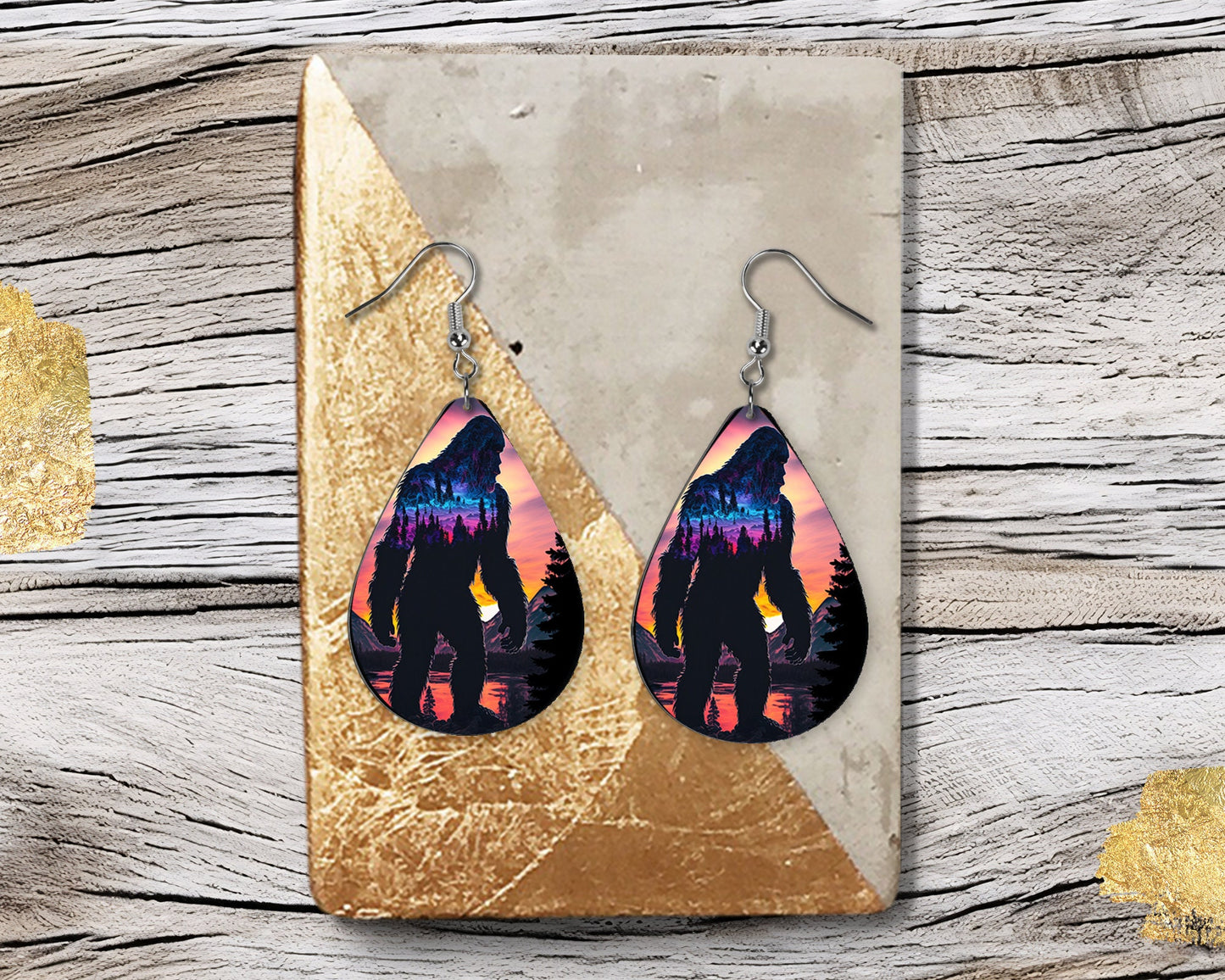 Bigfoot Double Exposure Print Earrings Print Tear Drop Wood Dangle Earrings Hypoallergenic Jewelry