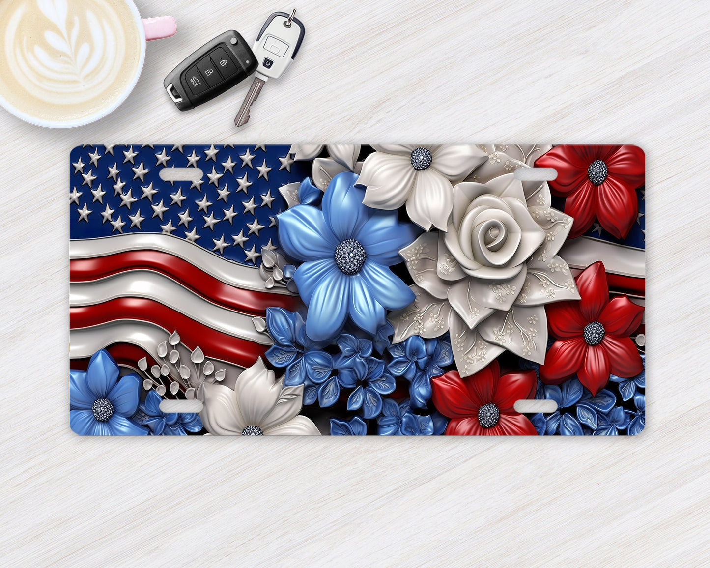 Patriotic Flag and Flowers Vanity Decorative Front License Plate Cute Car License Plate Aluminum Metal Plate