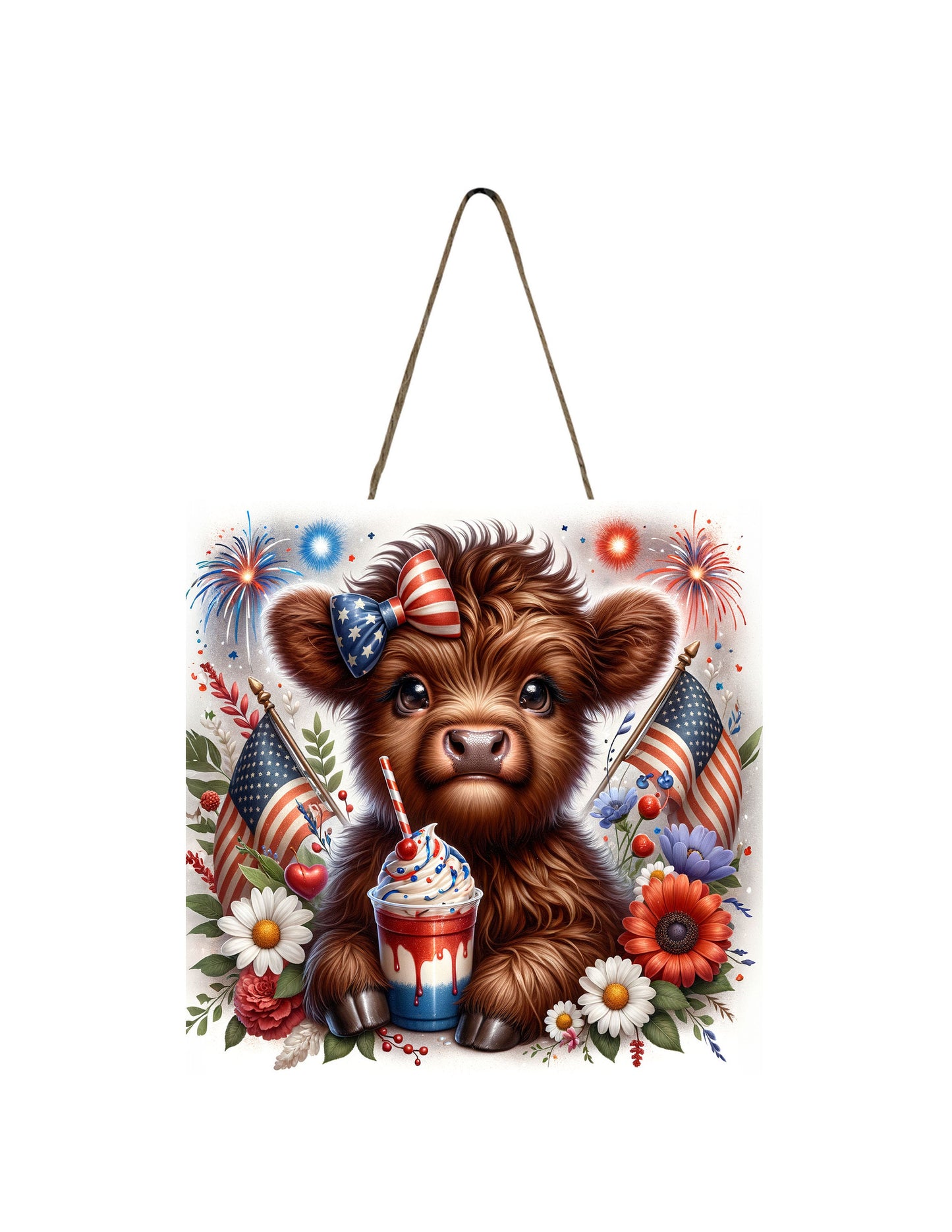 Cute 4th of July Highland Cow Printed Handmade Wood  Mini Sign