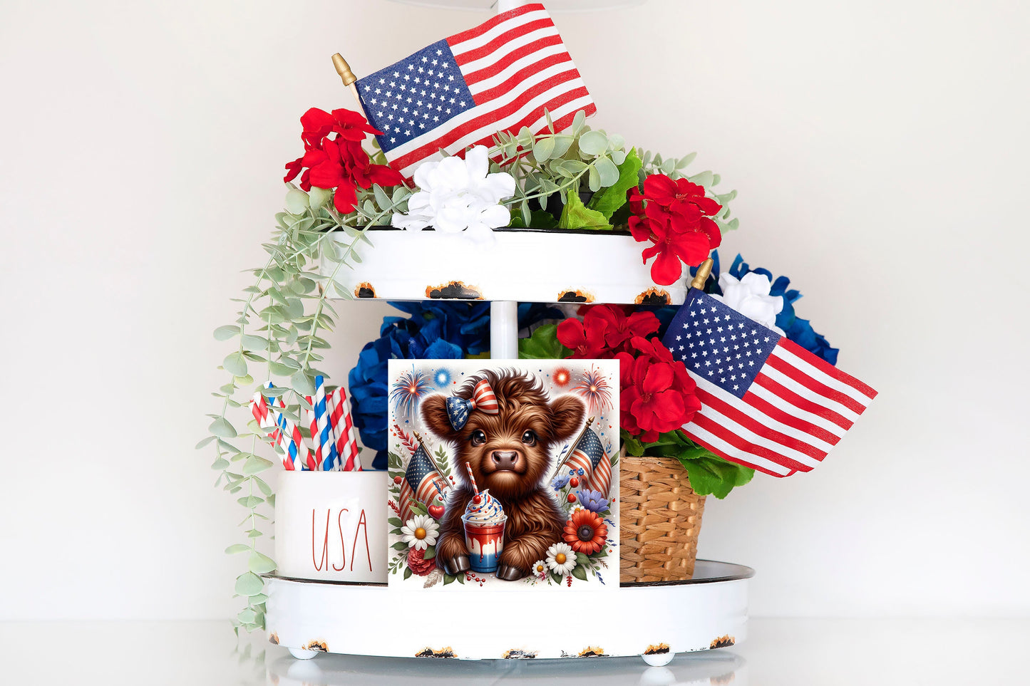 Cute 4th of July Highland Cow Printed Handmade Wood  Mini Sign