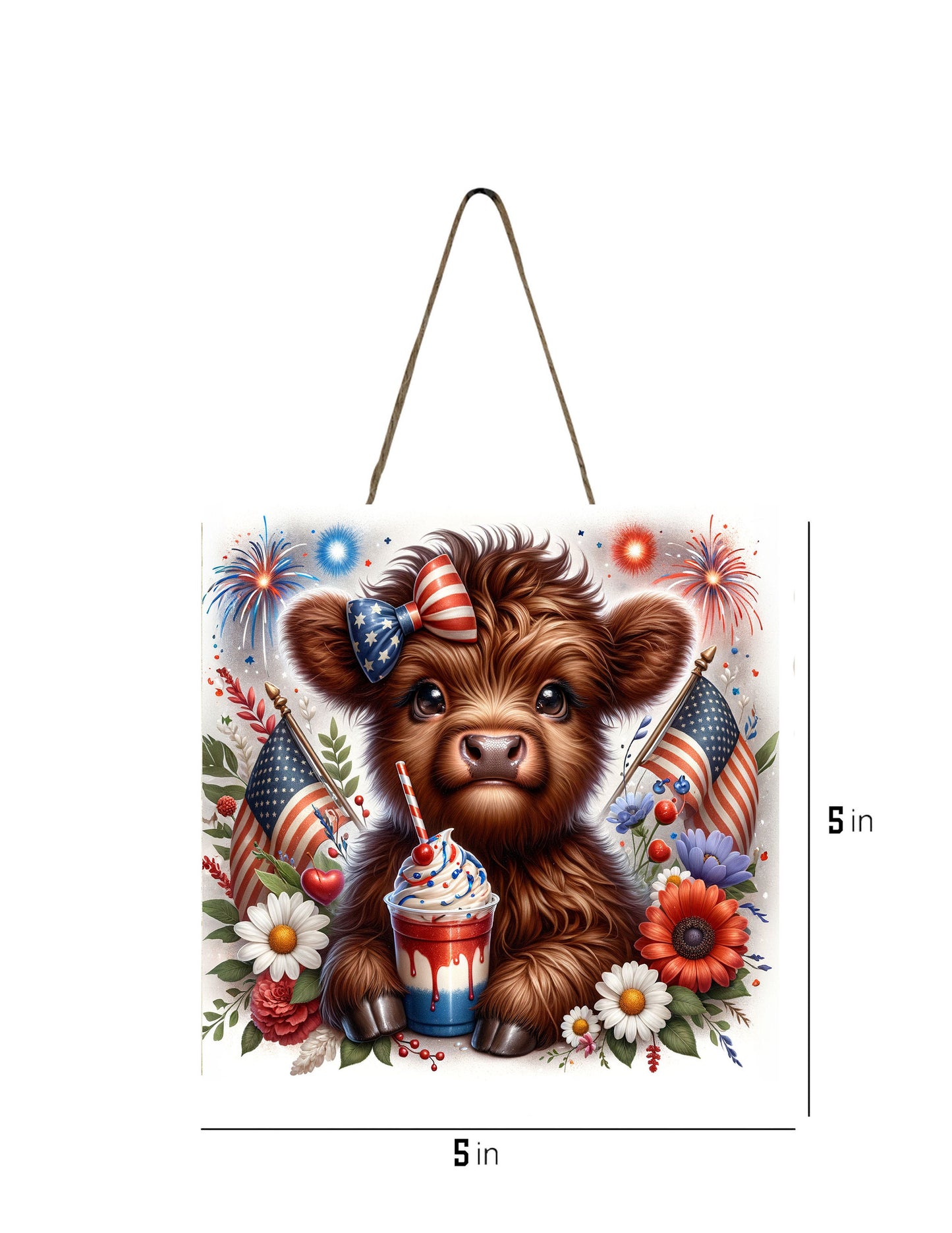 Cute 4th of July Highland Cow Printed Handmade Wood  Mini Sign