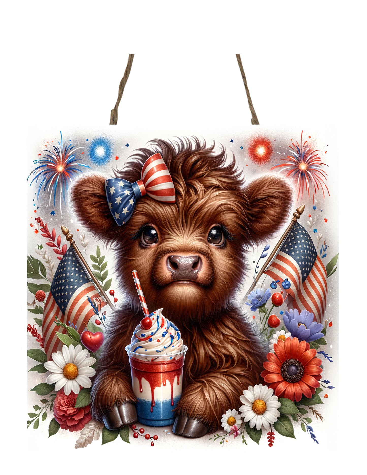 Cute 4th of July Highland Cow Printed Handmade Wood  Mini Sign