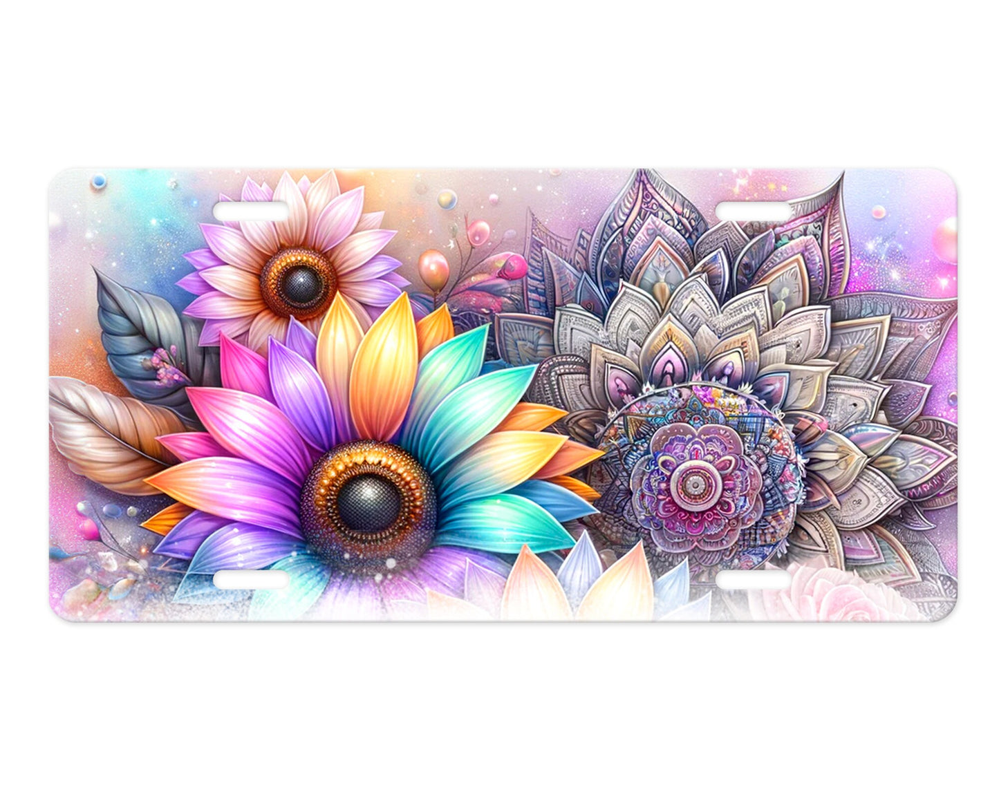 Vanity Front License Plate, Mandala and Sunflowers Aluminum Vanity License Plate Car Accessory Decorative Front Plate