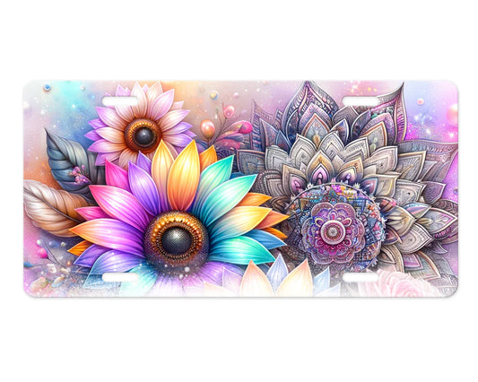 Vanity Front License Plate, Mandala and Sunflowers Aluminum Vanity License Plate Car Accessory Decorative Front Plate