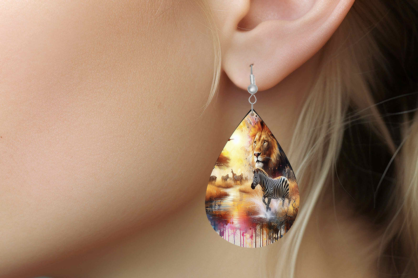 African Safari Print Earrings Print Tear Drop Wood Dangle Earrings Hypoallergenic Jewelry