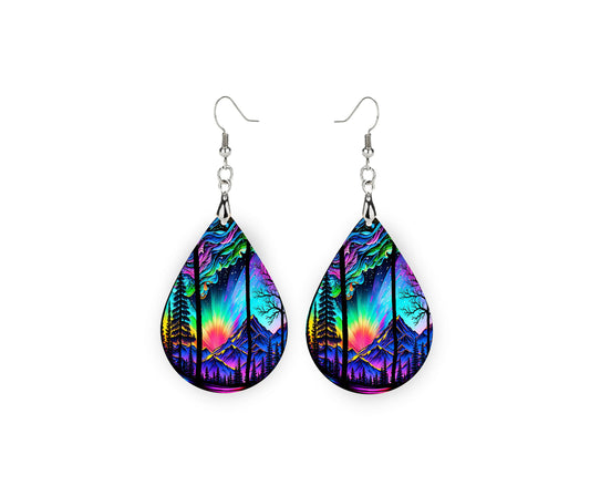 New Release Northern Lights Sunset Print Earrings Print Tear Drop Wood Dangle Earrings Hypoallergenic Jewelry