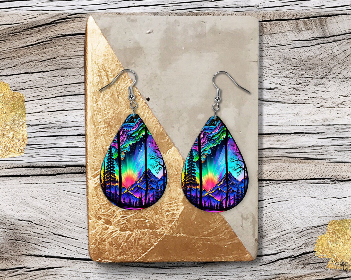 New Release Northern Lights Sunset Print Earrings Print Tear Drop Wood Dangle Earrings Hypoallergenic Jewelry