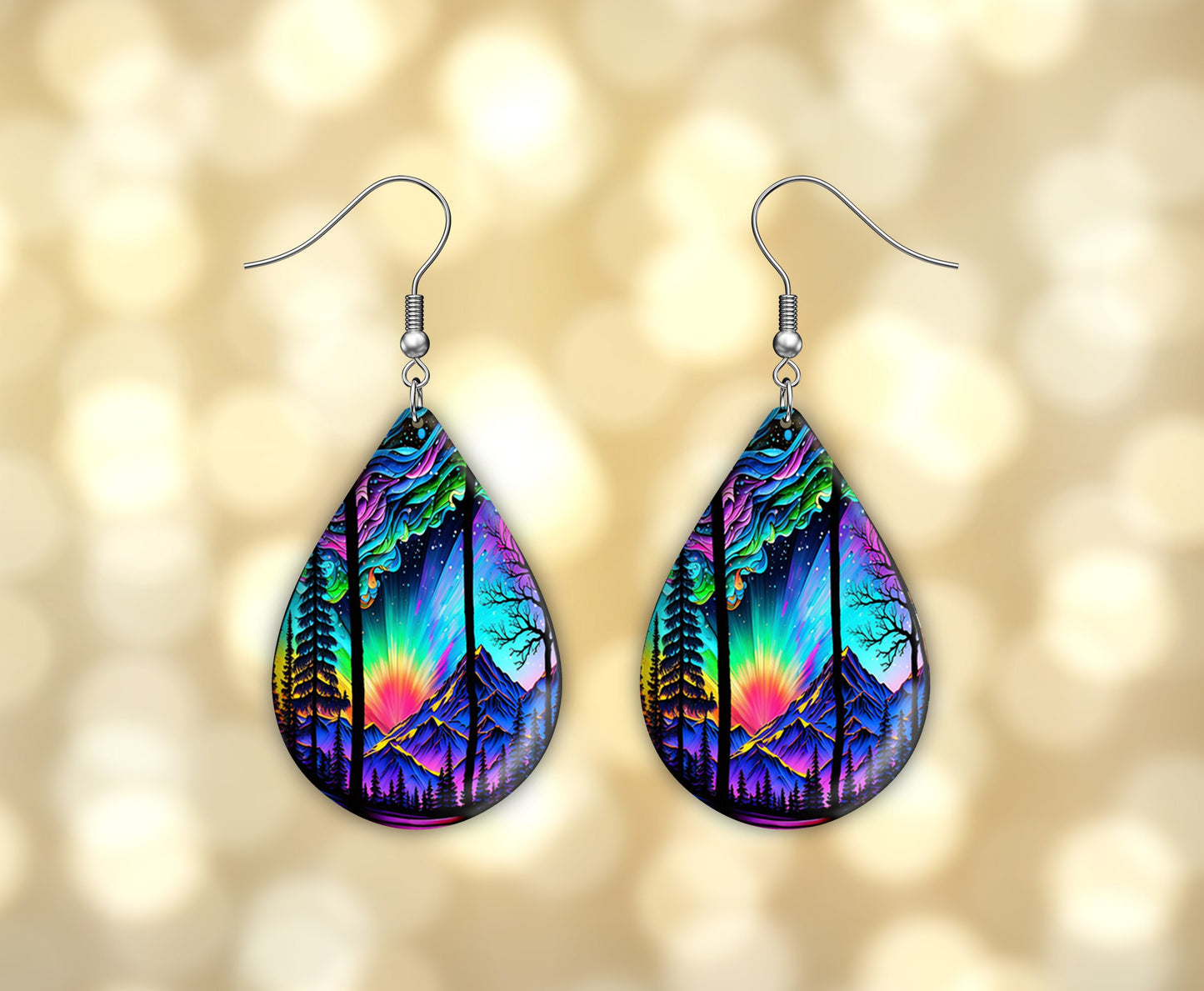 New Release Northern Lights Sunset Print Earrings Print Tear Drop Wood Dangle Earrings Hypoallergenic Jewelry