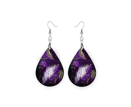 Purple and White Agate Print Earrings, Teardrop Dangle Printed Earrings Jewelry Handmade