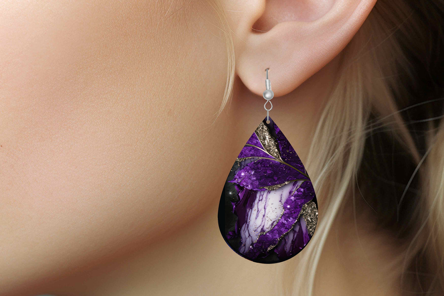 Purple and White Agate Print Earrings, Teardrop Dangle Printed Earrings Jewelry Handmade