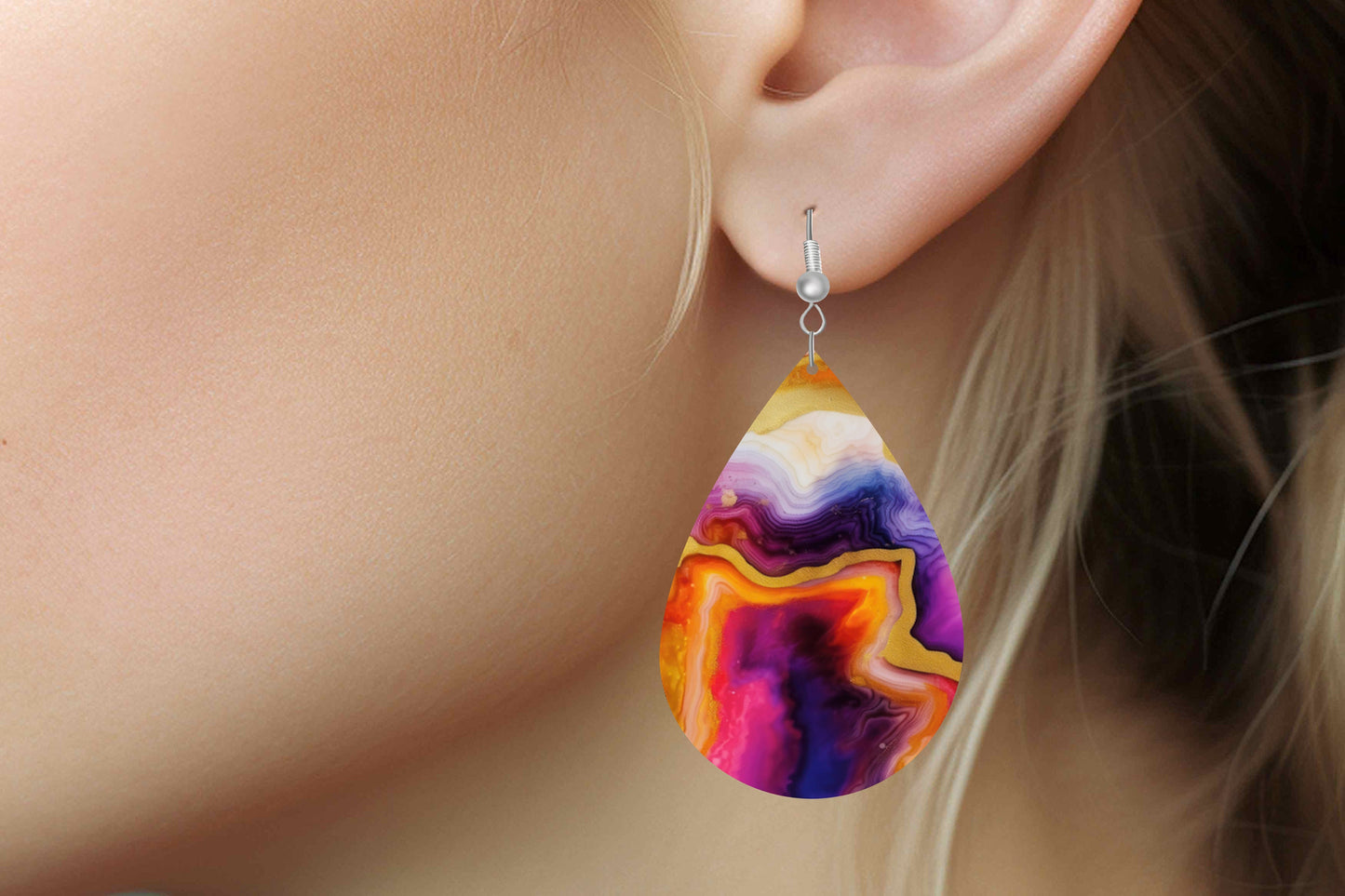 Rainbow Agate Print Earrings, Teardrop Dangle Printed Earrings Jewelry Handmade