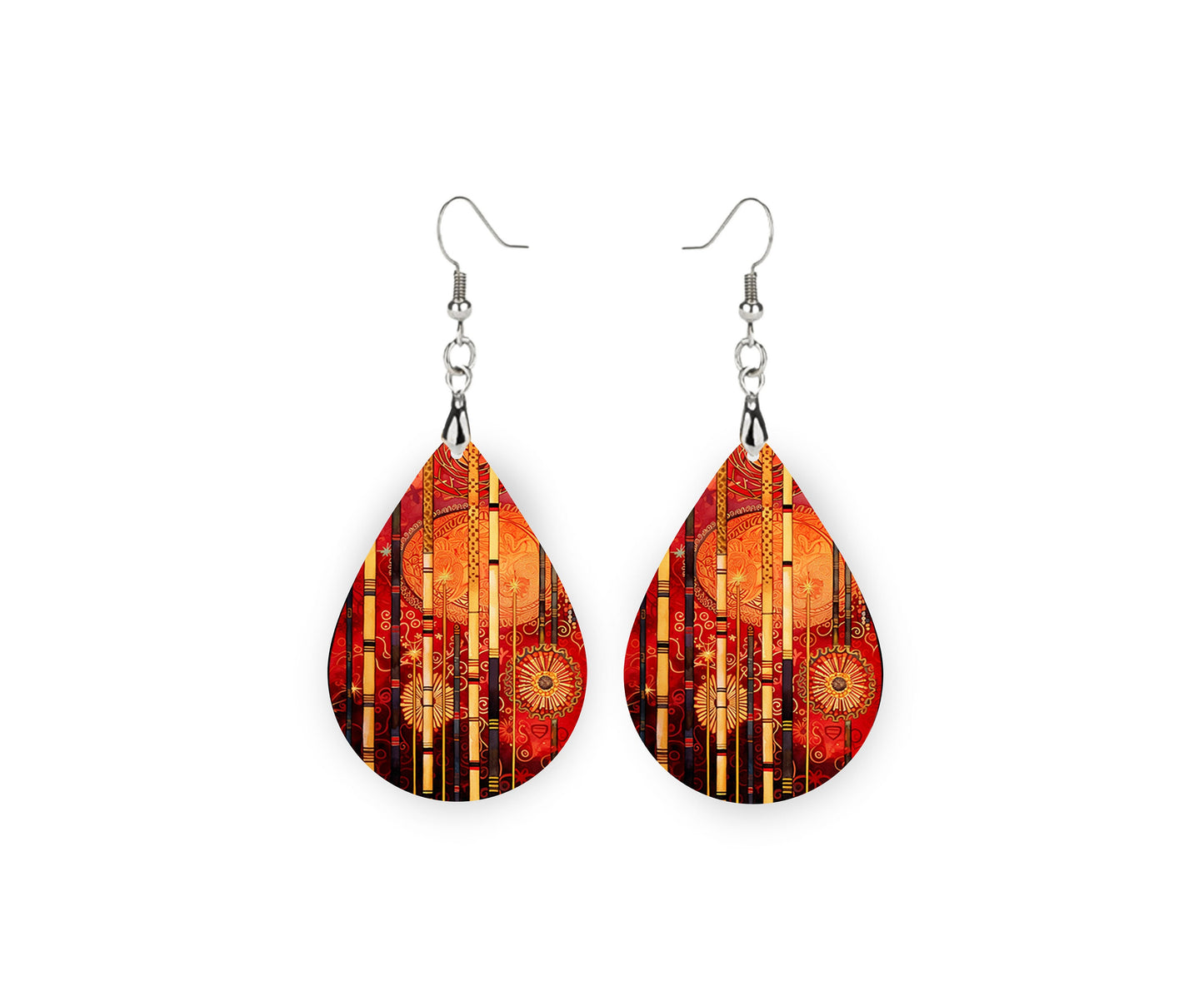 New Release Red and Gold Dreams Print Earrings, Teardrop Dangle Printed Earrings Jewelry Handmade