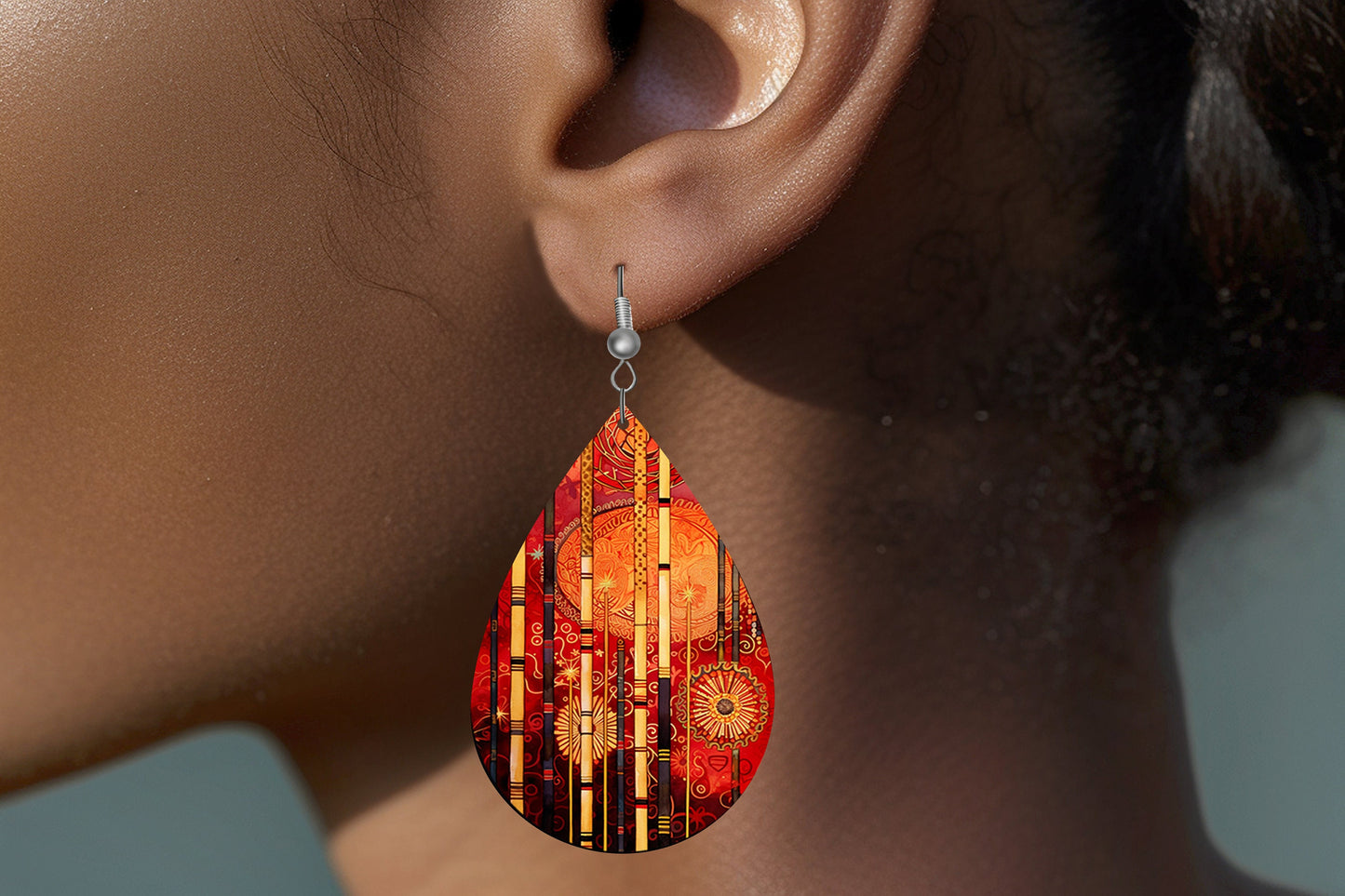 New Release Red and Gold Dreams Print Earrings, Teardrop Dangle Printed Earrings Jewelry Handmade