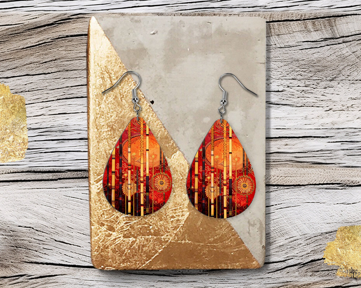 New Release Red and Gold Dreams Print Earrings, Teardrop Dangle Printed Earrings Jewelry Handmade