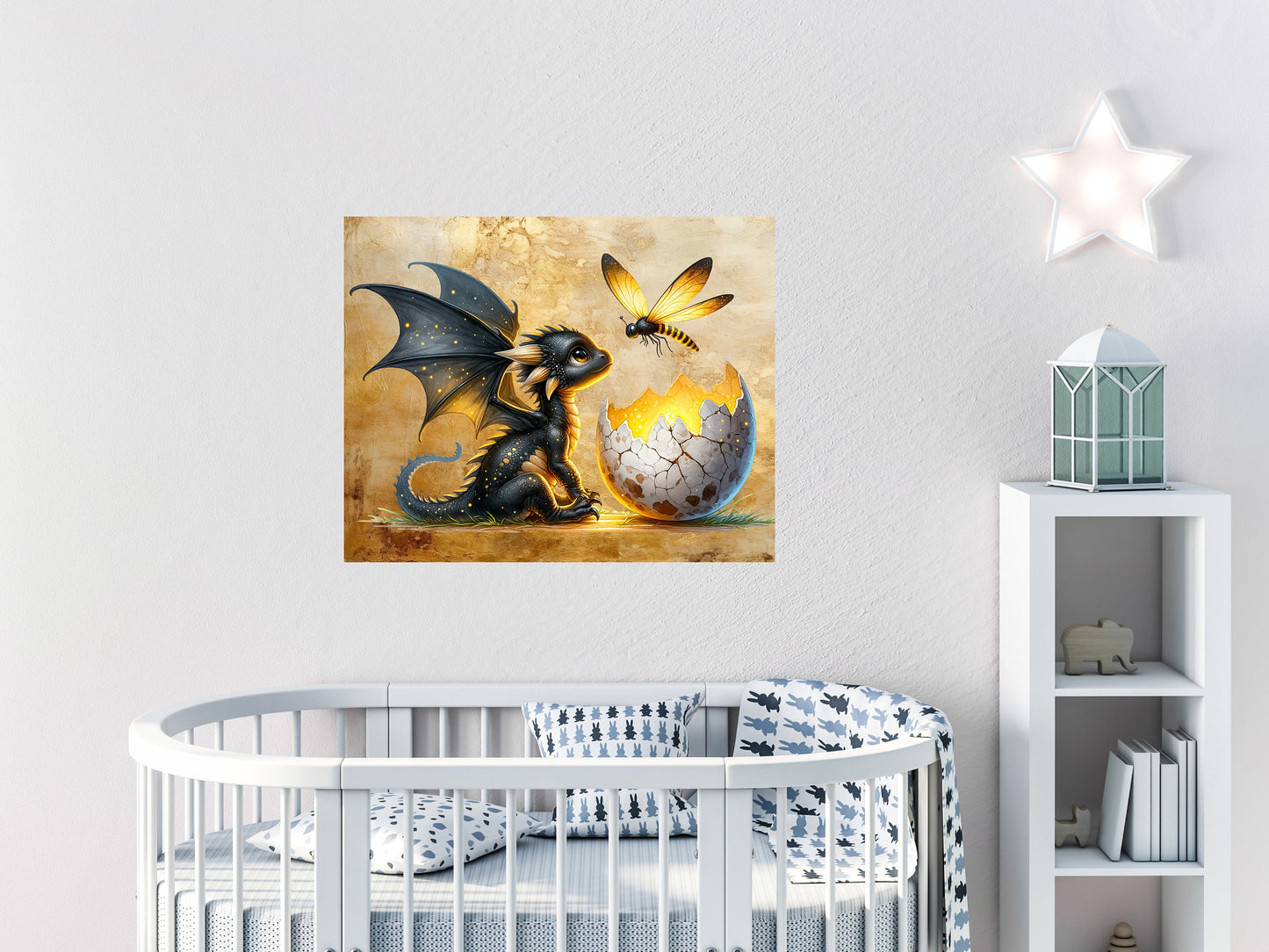 20x16 Black Dragon and Firefly Wall Art Canvas Print