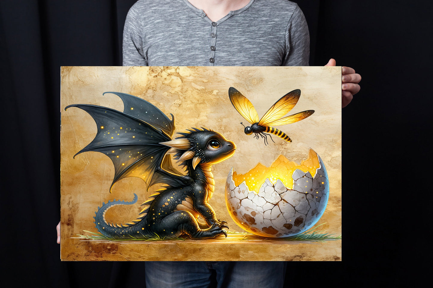 20x16 Black Dragon and Firefly Wall Art Canvas Print