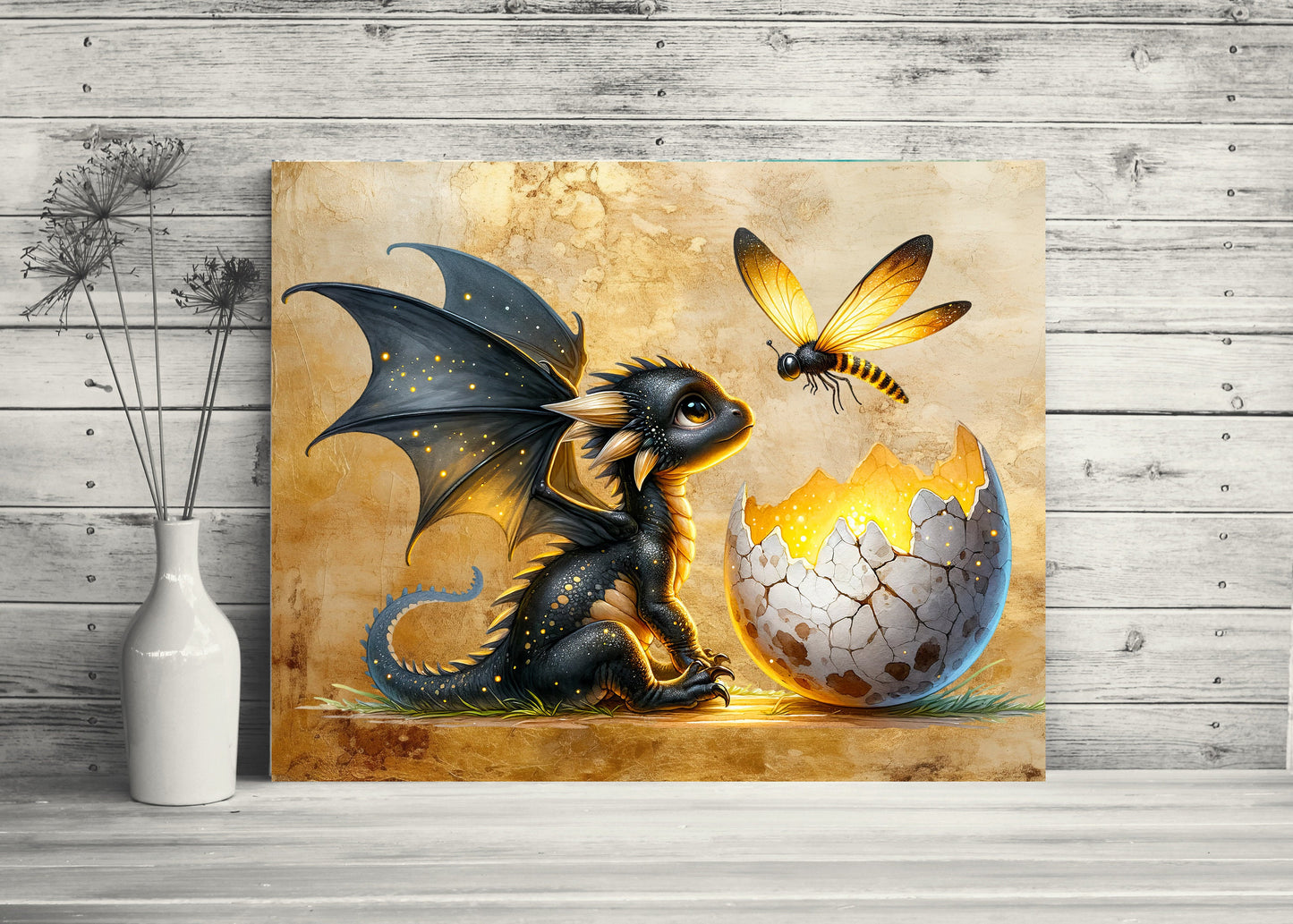 20x16 Black Dragon and Firefly Wall Art Canvas Print