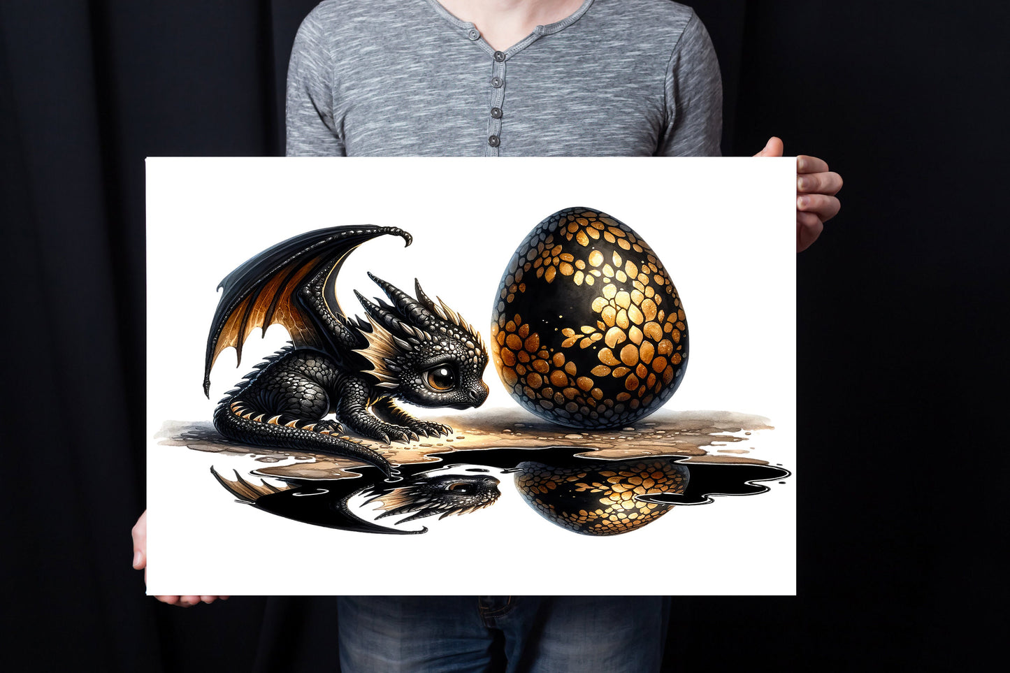 20x16 Black Dragon Reflection Wall Art Canvas Print