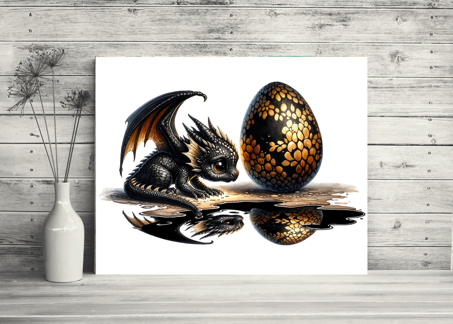 20x16 Black Dragon Reflection Wall Art Canvas Print