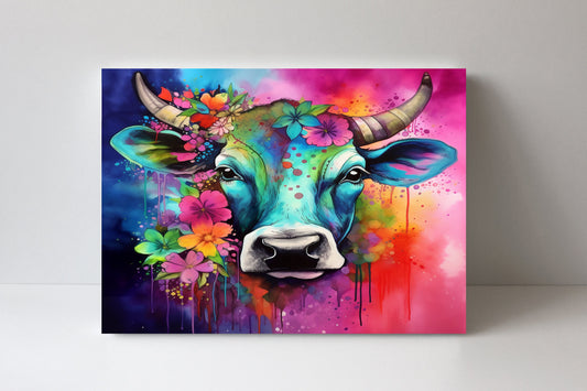 20x16 Blue Cow Wall Art Canvas Print