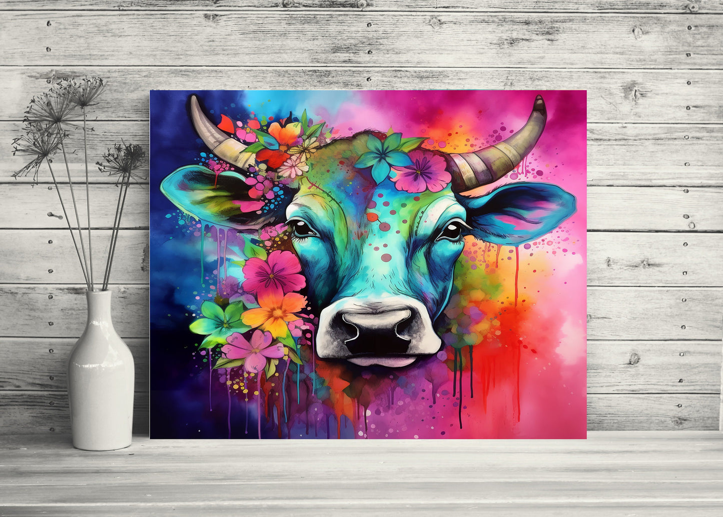 20x16 Blue Cow Wall Art Canvas Print