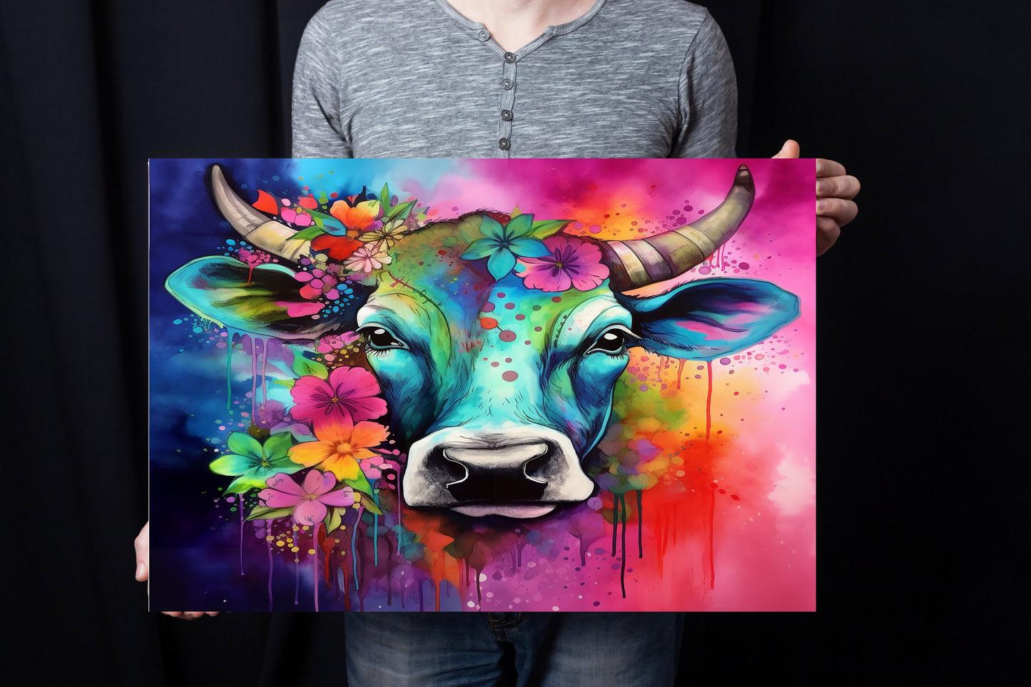 20x16 Blue Cow Wall Art Canvas Print