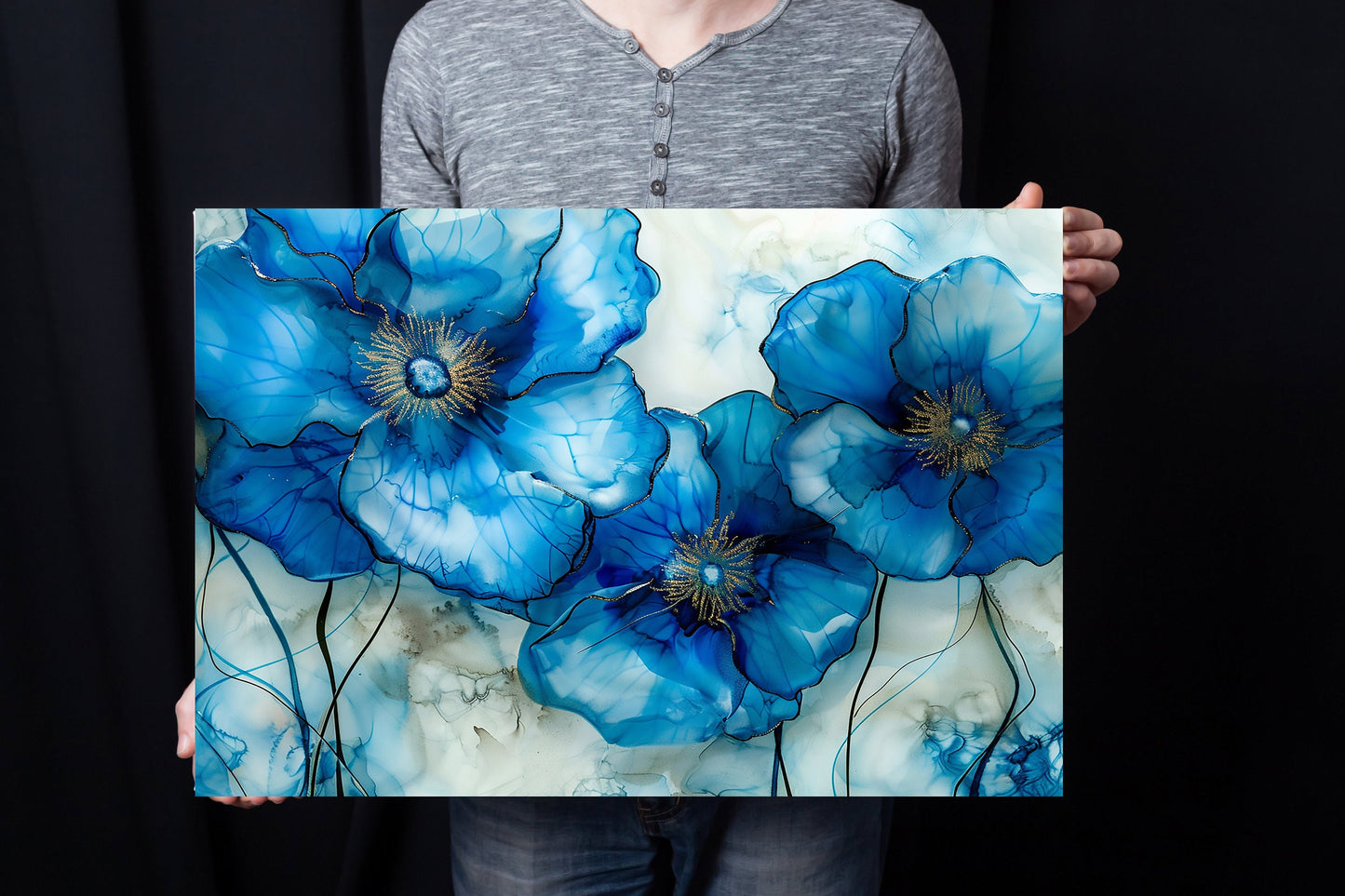 20x16 Blue Maribell Floral Wall Art Canvas Print