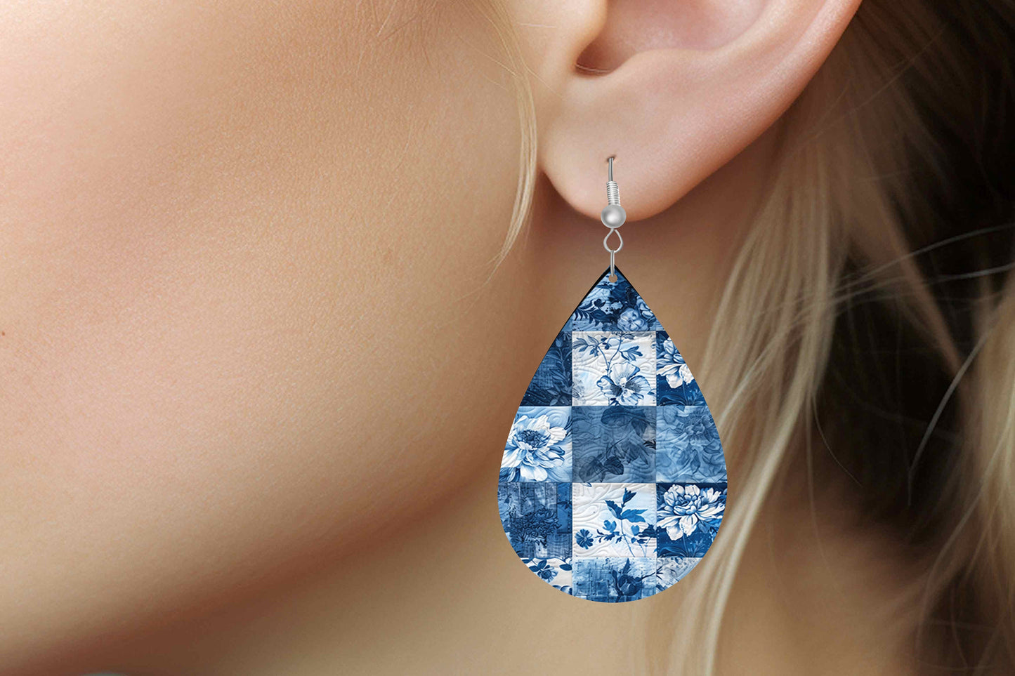 Blue Patchwork Earrings, Teardrop Dangle Printed Earrings Jewelry Handmade