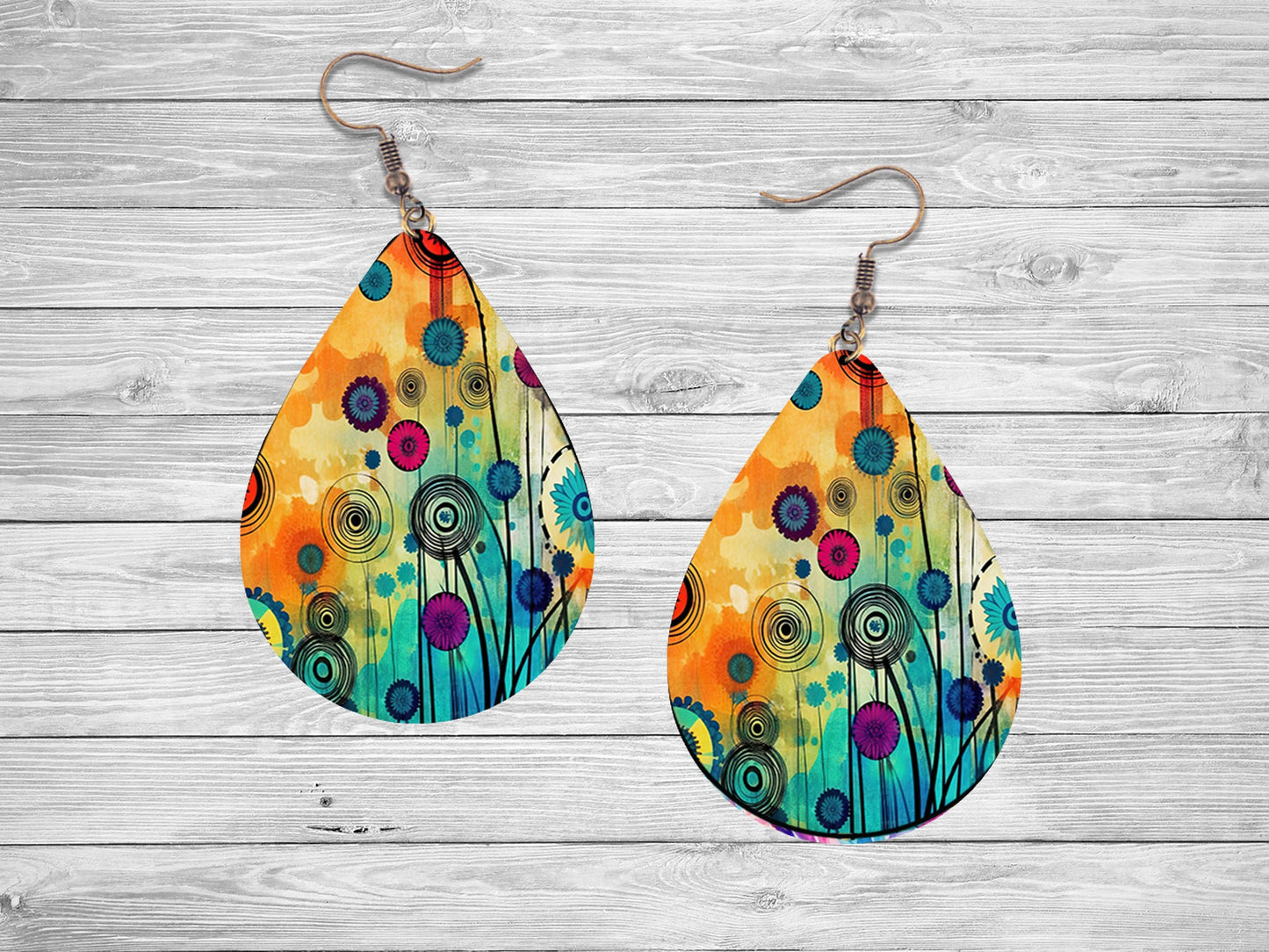 Bright Abstract Floral Earrings, Teardrop Dangle Printed Earrings Jewelry Handmade