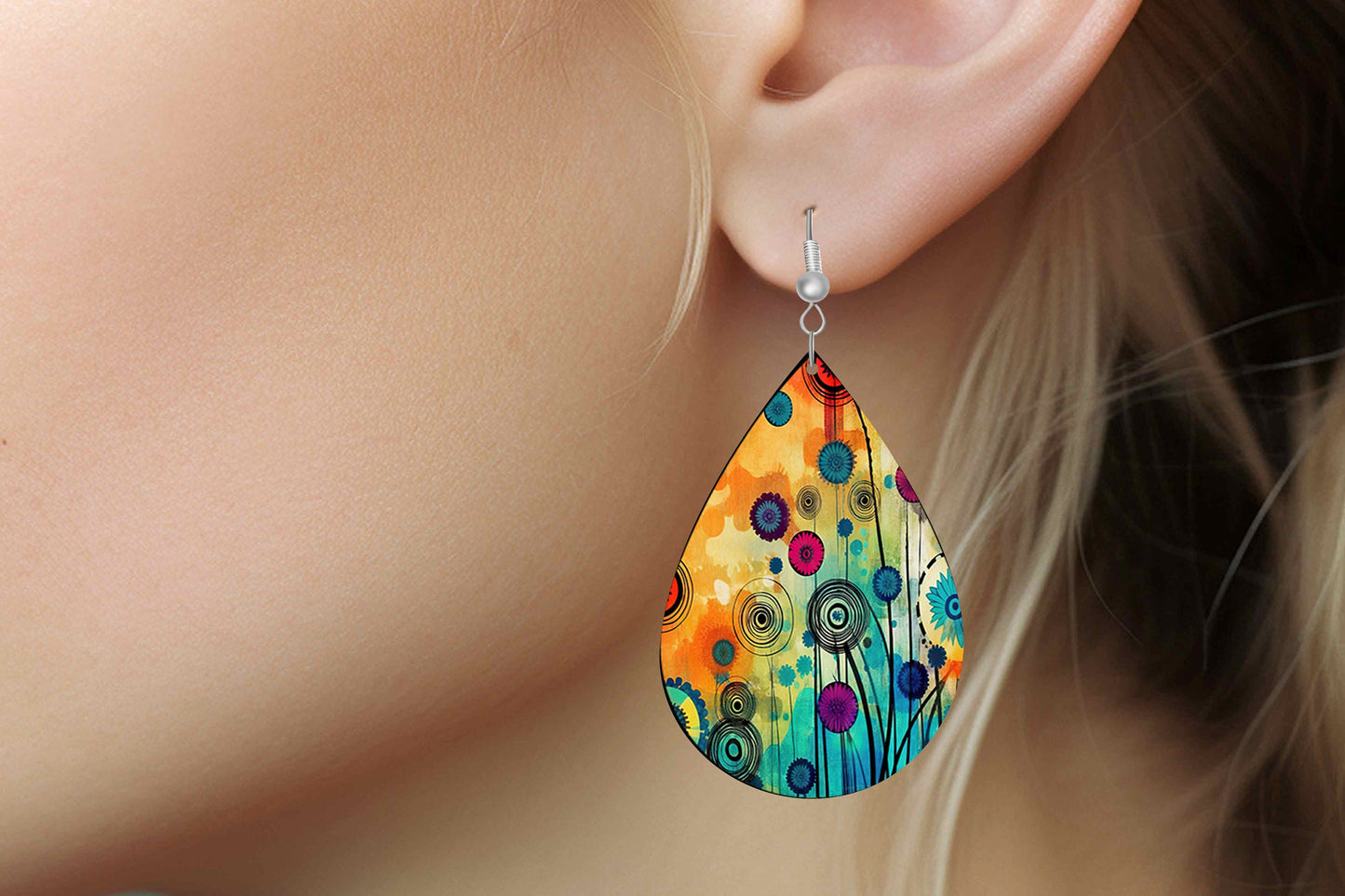 Bright Abstract Floral Earrings, Teardrop Dangle Printed Earrings Jewelry Handmade