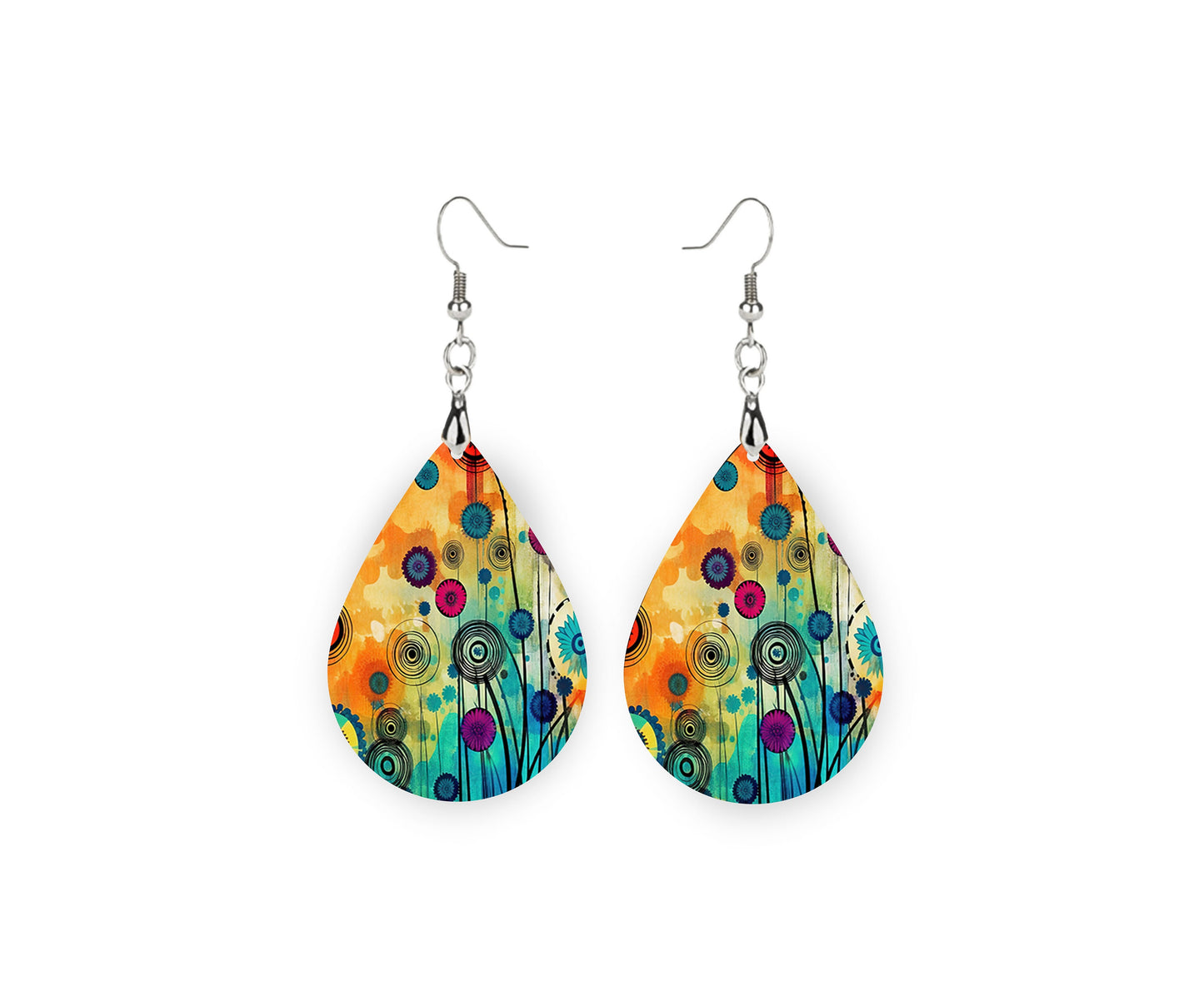 Bright Abstract Floral Earrings, Teardrop Dangle Printed Earrings Jewelry Handmade