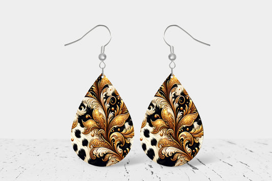 Gilded Cowhide Print Earrings, Teardrop Dangle Printed Earrings Jewelry Handmade