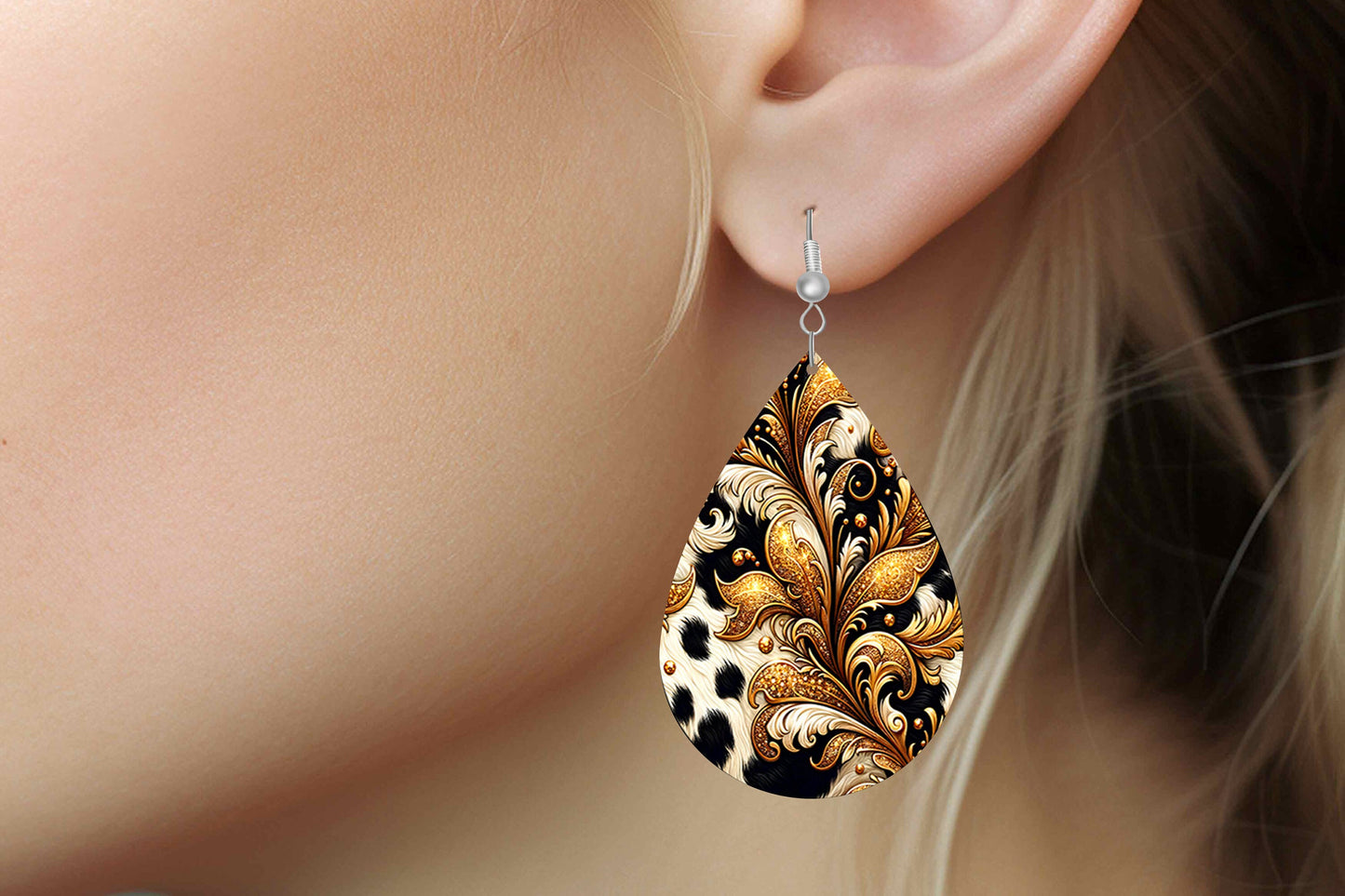 Gilded Cowhide Print Earrings, Teardrop Dangle Printed Earrings Jewelry Handmade