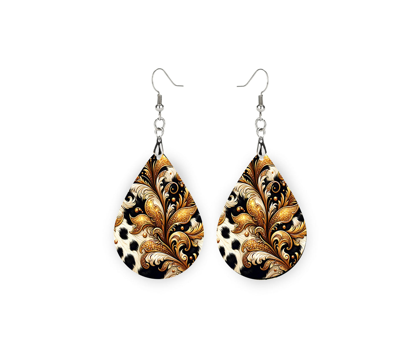 Gilded Cowhide Print Earrings, Teardrop Dangle Printed Earrings Jewelry Handmade