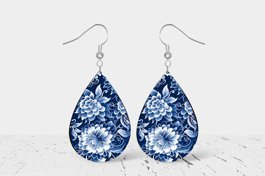 Blue and White Floral Print Earrings Tear Drop Wood Dangle Earrings Hypoallergenic Jewelry