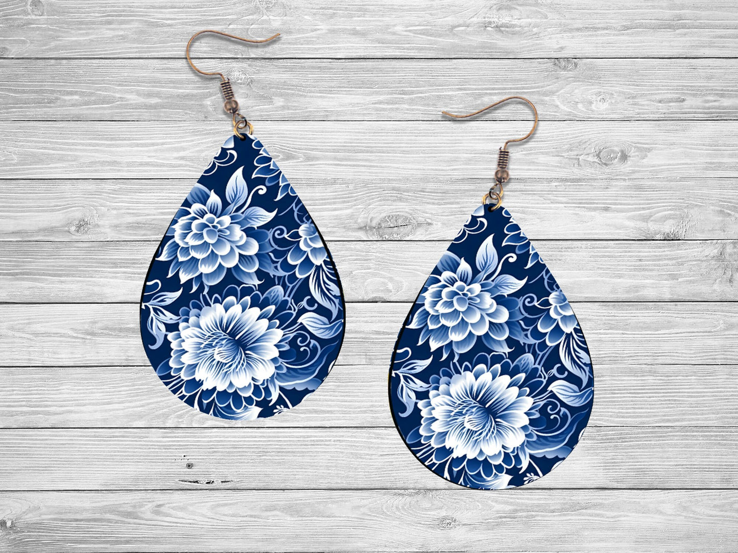 Blue and White Floral Print Earrings Tear Drop Wood Dangle Earrings Hypoallergenic Jewelry