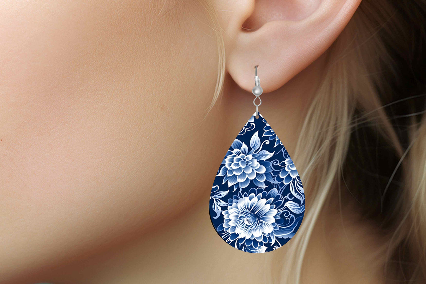 Blue and White Floral Print Earrings Tear Drop Wood Dangle Earrings Hypoallergenic Jewelry